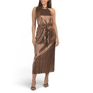 ANNE KLEIN Bronze Halter Mock Neck Pleated Maxi Dress